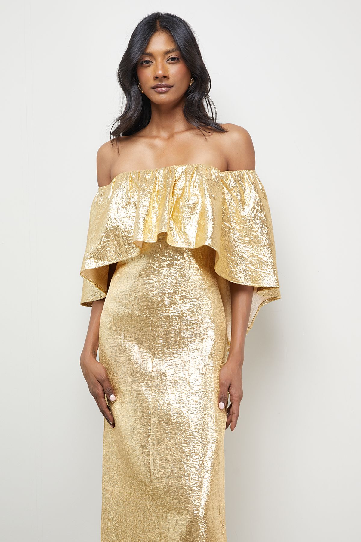 Warehouse Metallic Jacquard Volume Bardot Midi Dress