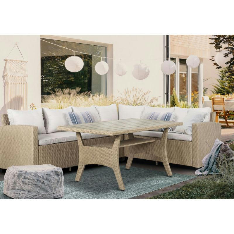 BELLWOOD - Salon de jardin en résine tressée 5 places coussins beige