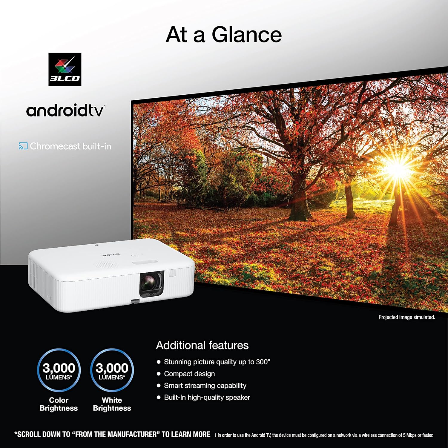 Epson EpiqVision Flex CO-FH02 Full HD 1080p Smart Streaming Portable Projector  3-Chip 3LCD  3 000 Lumen Color/White Brightness  Android TV  Bluetooth  5W Speaker  Home Entertainment (Renewed)
