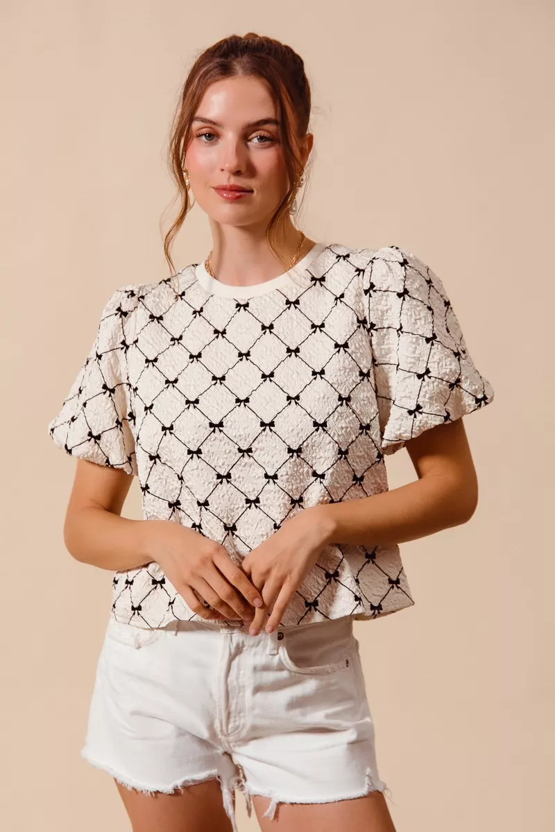 Bow Texture Woven Bubble Sleeve Top