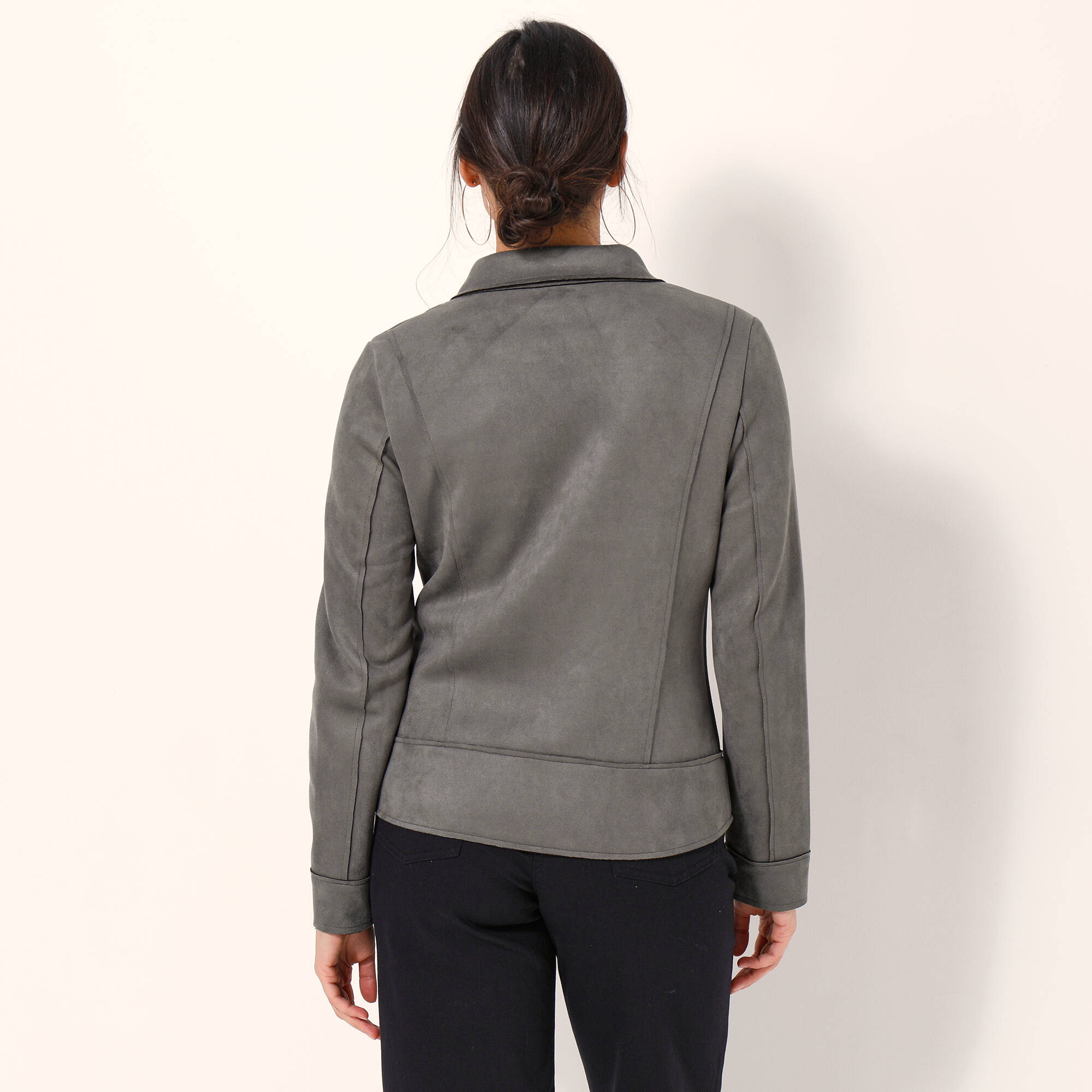 Blouson zippé col tailleur pressionné, suédine