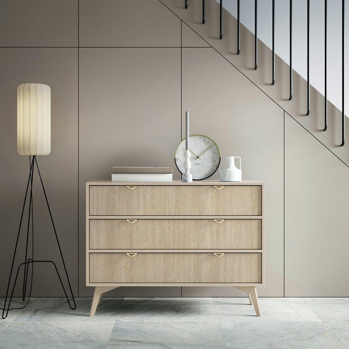 - Commode 3 tiroirs beige et naturel