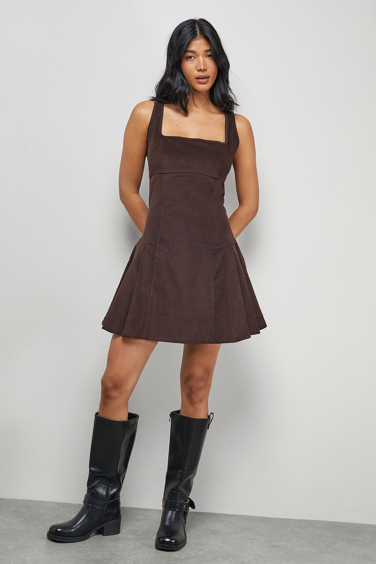 Warehouse Cord Square Neck Pinafore Mini Dress