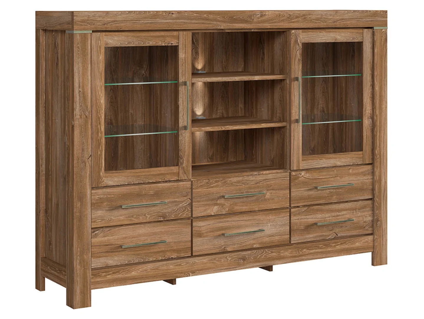 Komoda Gent 166 cm witryna z 2 drzwiami 6 szufladami i 3 półkami dąb stirling