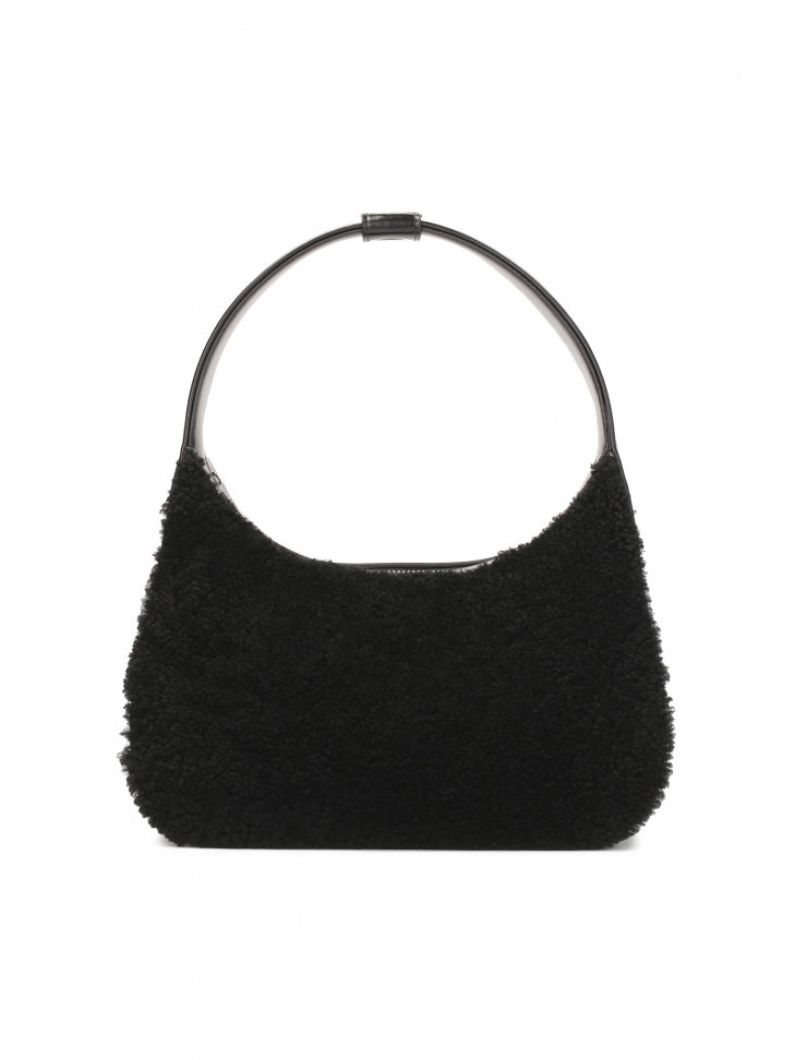 Black leather and sheep's wool shoulder bag