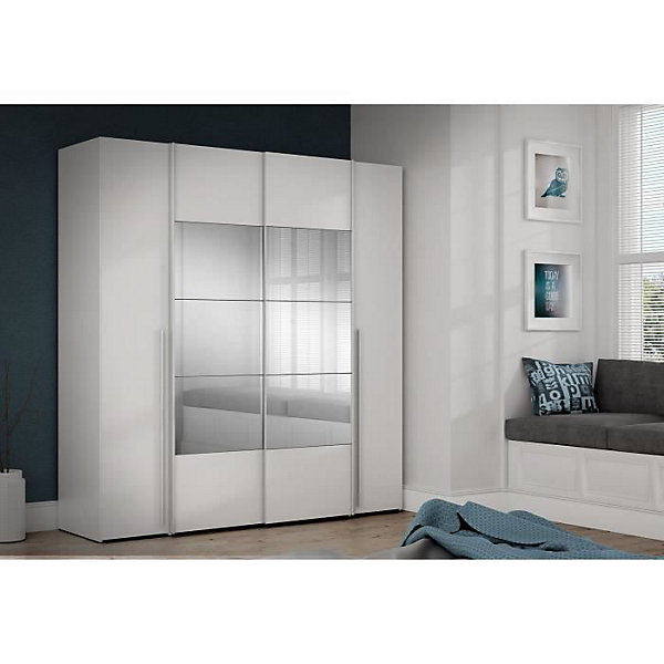 Armoire NARAGO - Décor Blanc mat - 2 portes coulissantes   miroir   2 portes battantes   2 penderies - L200 x P61 x H210 cm