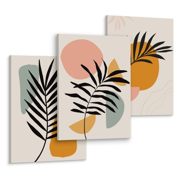 OBRAZY SET LIŚCIE PALMOWE NATURA ABSTRAKCJA BOHO 90x40cm
