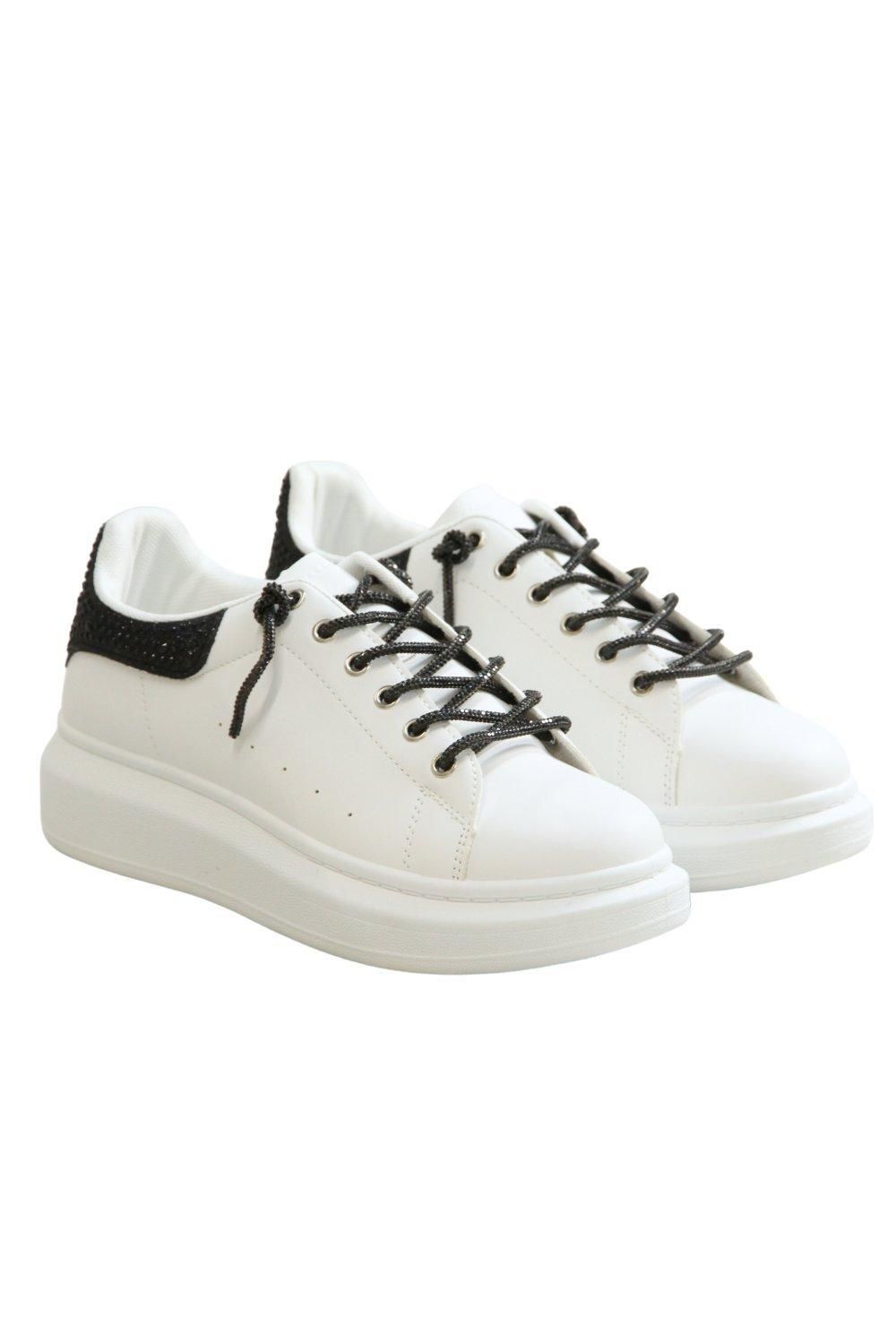 IVACHY Fashion Comfort Glitter Sparkling Crystal Lace Up Flatform Wedge Trainers
