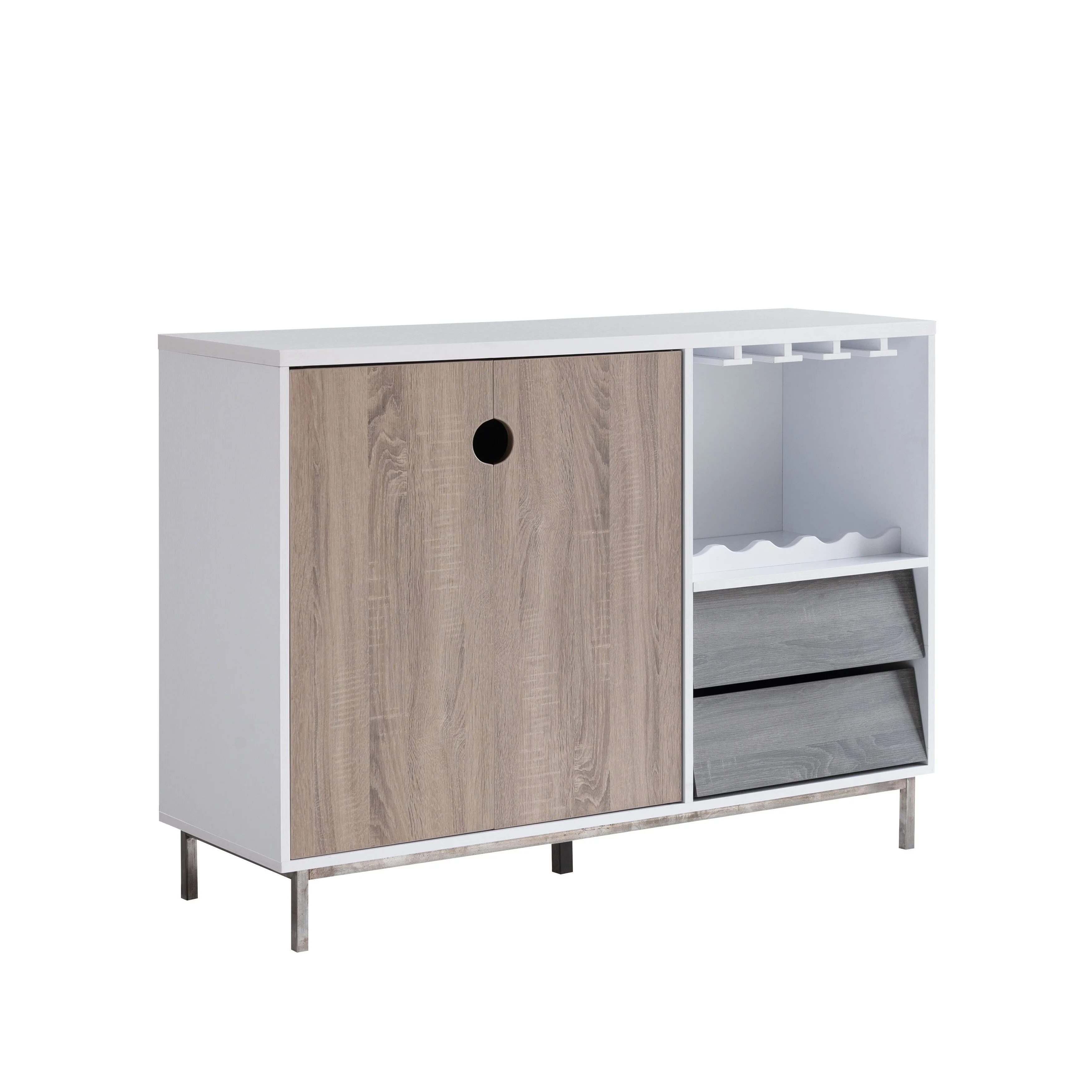 Wooden Cabinet with Drawers and Wine Display Rack, White, Dark Taupe and Distressed Grey