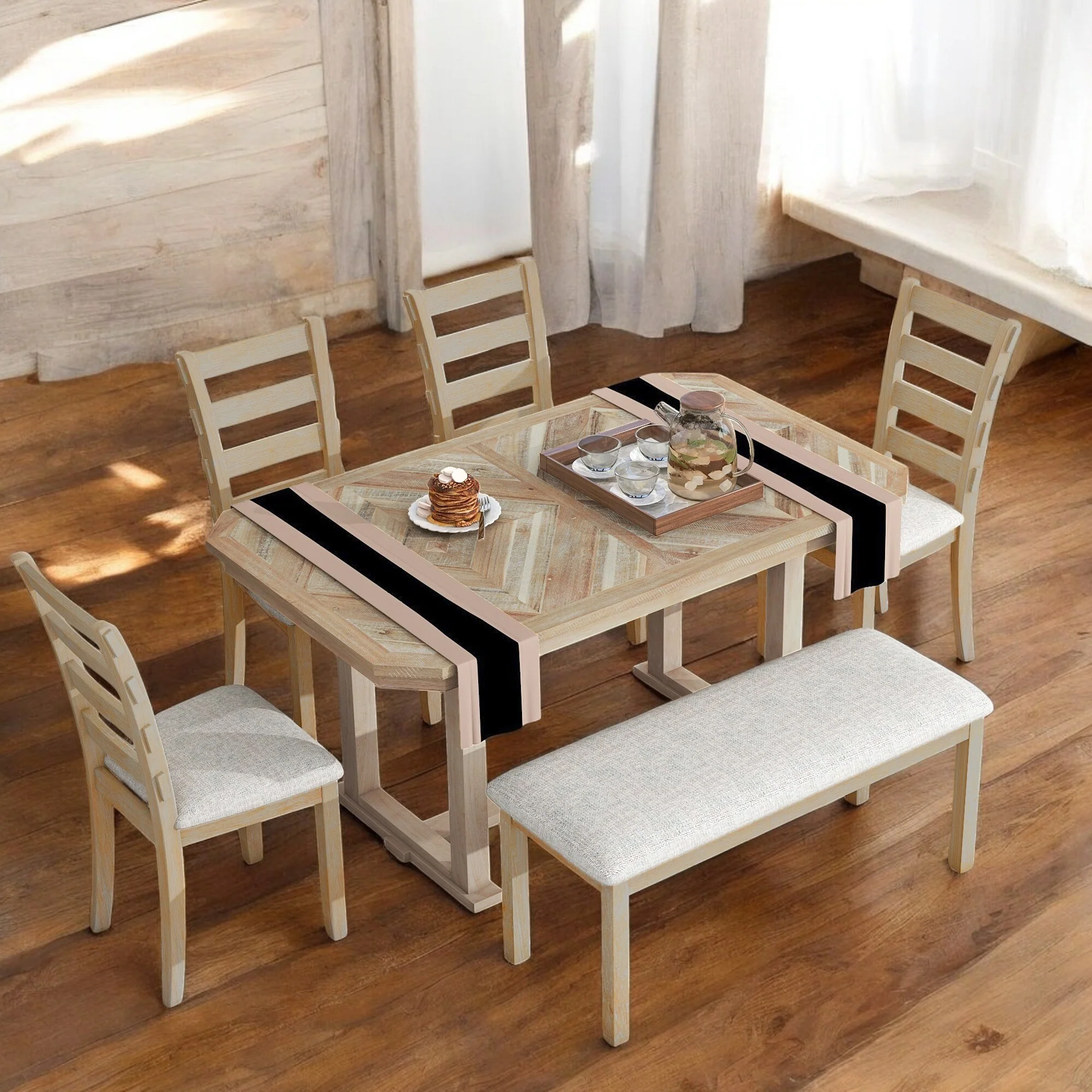 6-Piece Rubber Wood Dining Table Set with Cushioned Chairs & Bench - Geometric Pattern Tabletop for Kitchen and Dining Room