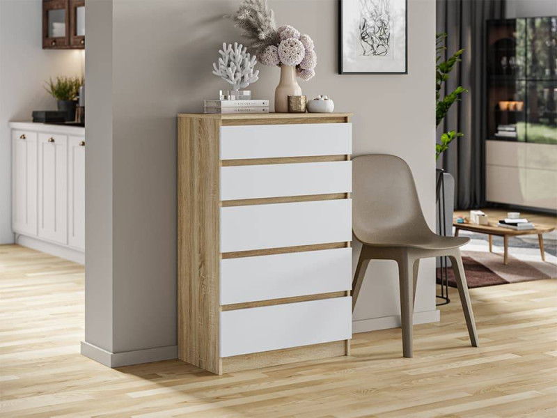 Komoda Pojemna Pari 5 Szuflad Sonoma Biały Mat 70 CM Szafka