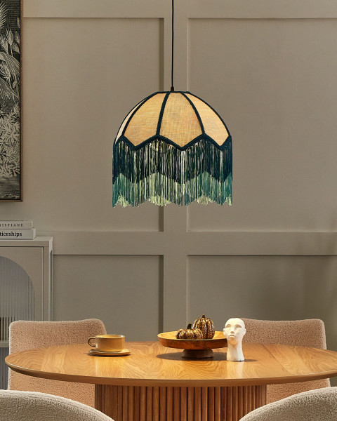 Lampa wisząca materiałowa z frędzlami niebieska