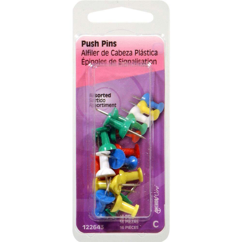 Hillman Push Pins, Plastic Head, 16-pc