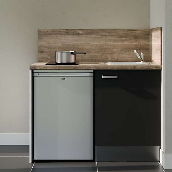 Kitchenette K08 façades Noir - Plan de travail Bois - Crédences : Oui - Evier inox - Electroménager Inox inclus