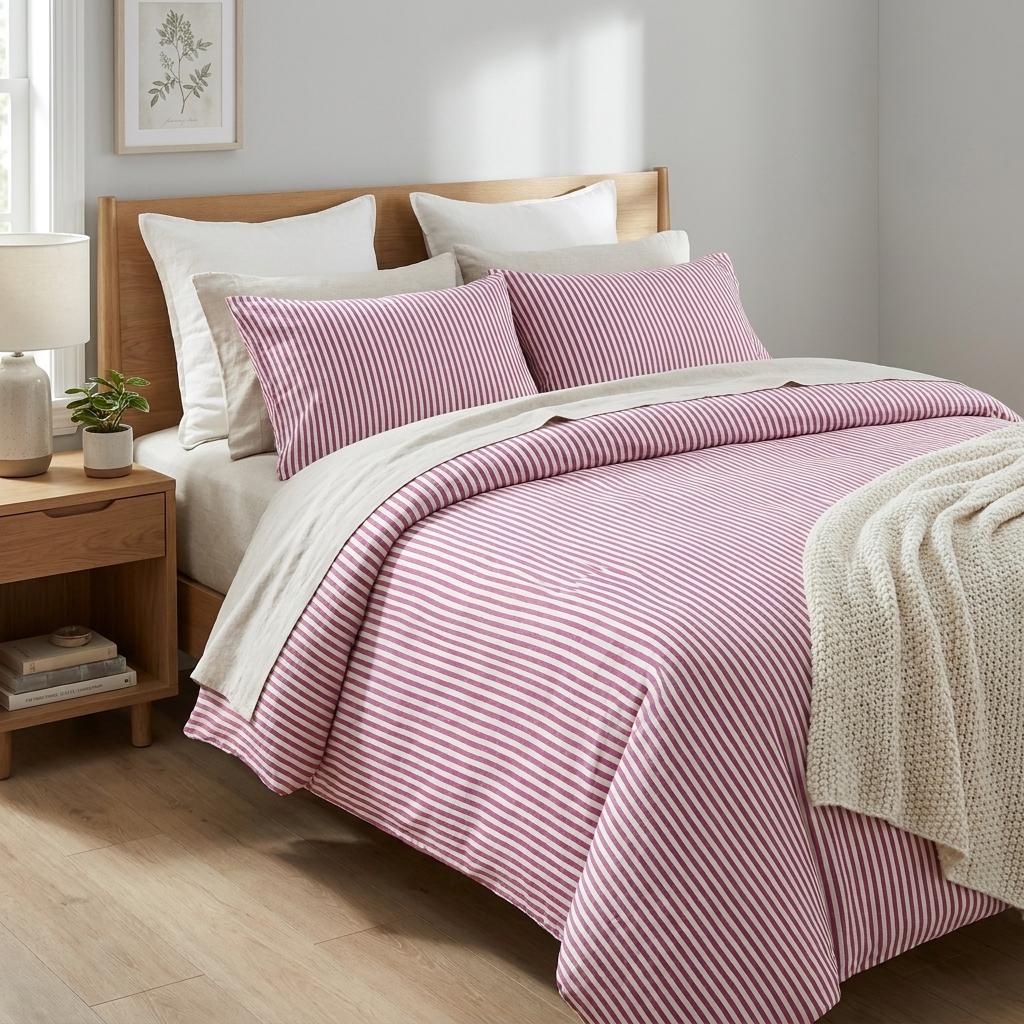 Organic Cotton Duvet Cover Set with Included Pillow Cases, Fuchsia Pink Stripe Soft Cotton Bedding Set