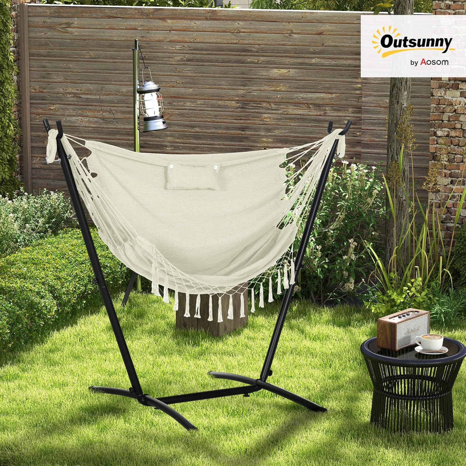 Outsunny Patio Hammock Chair with Stand, Outdoor Hammock Swing Hanging Lounge Chair with Side Pocket and Headrest, Cream White