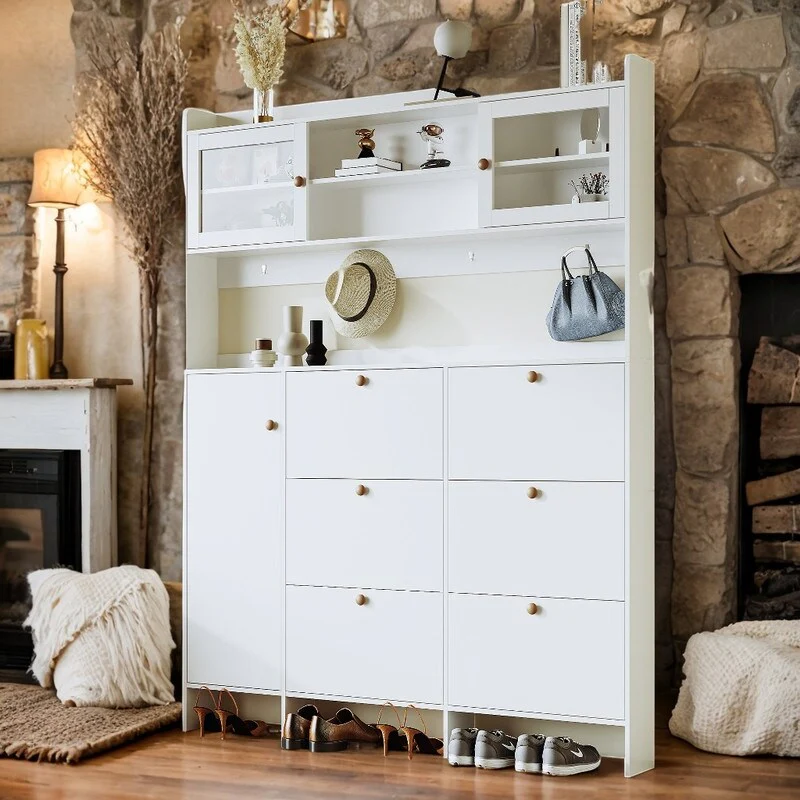Large Hall Tree Shoe Cabinet with 6 Flip Drawers and 4-Hooks, White