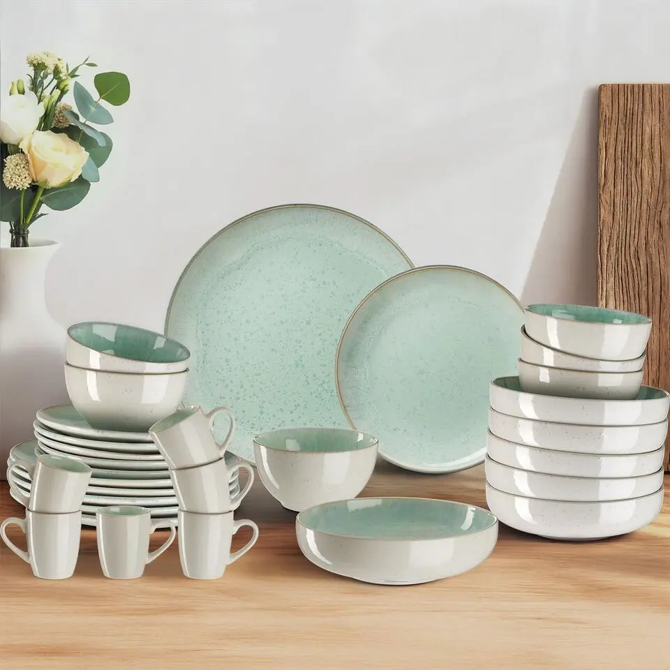 tectake Serviesset Mare van aardewerk, voor 6 personen, Mint