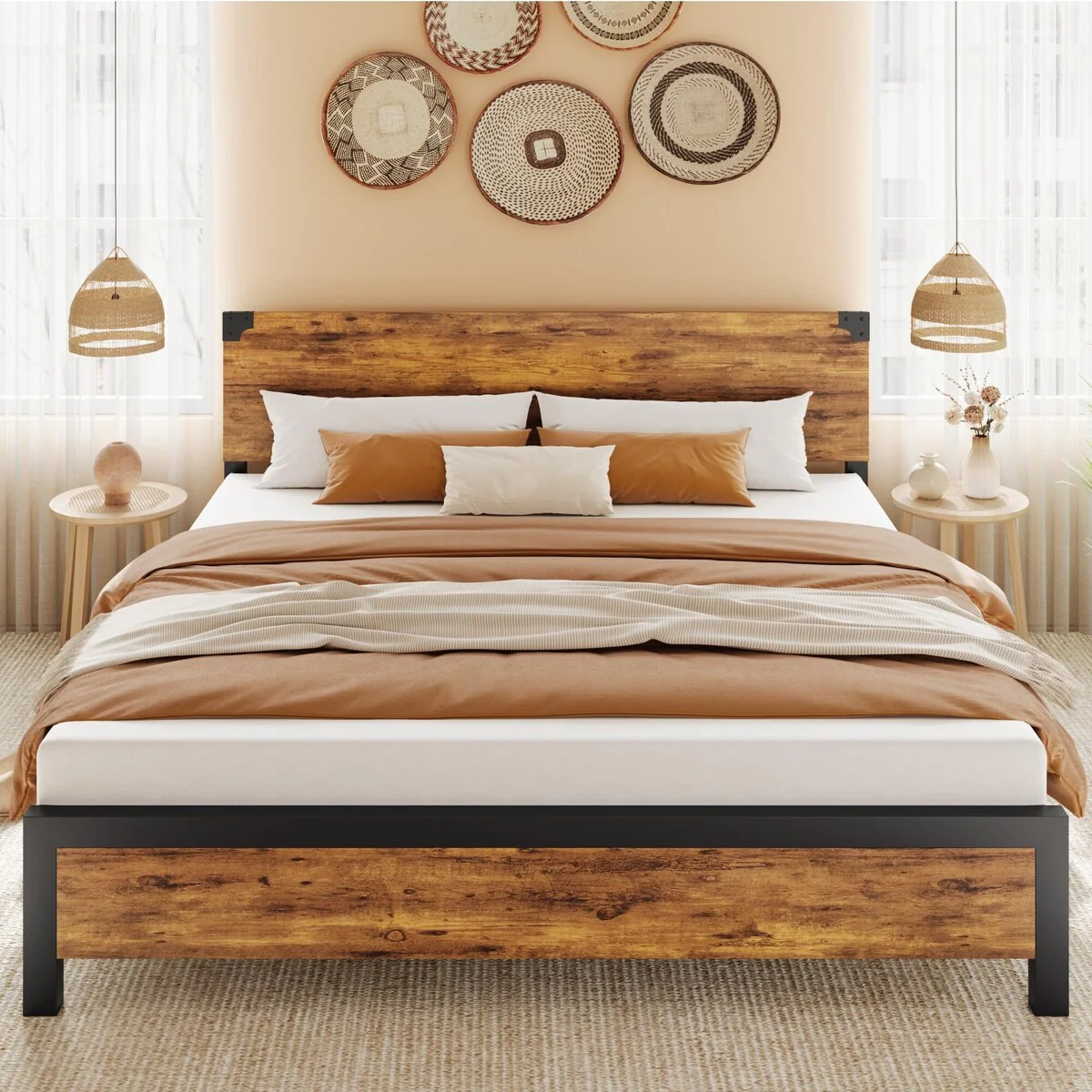 Bed Frame with Wood Headboard, Platform Bed Frame with Under Bed Storage
