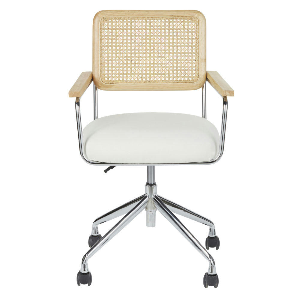 Rosalie - Chaise de bureau réglable à roulettes écrue et cannage en rotin