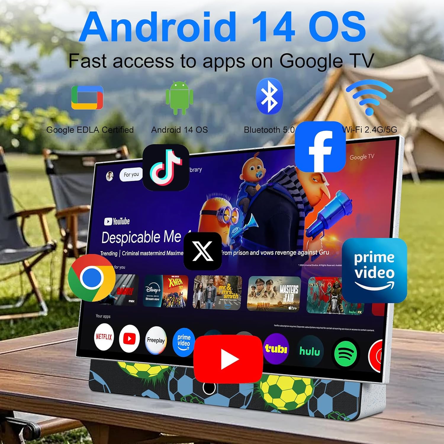 27 Inch Portable Smart TV  Android 14 OS  Built-in Battery Powered  FHD HDR Display  60Hz Refresh Rate  Dolby Audio  WiFi  Chromecast  Voice Remote  for Bedroom  Game Day Parties  Camping & Travel