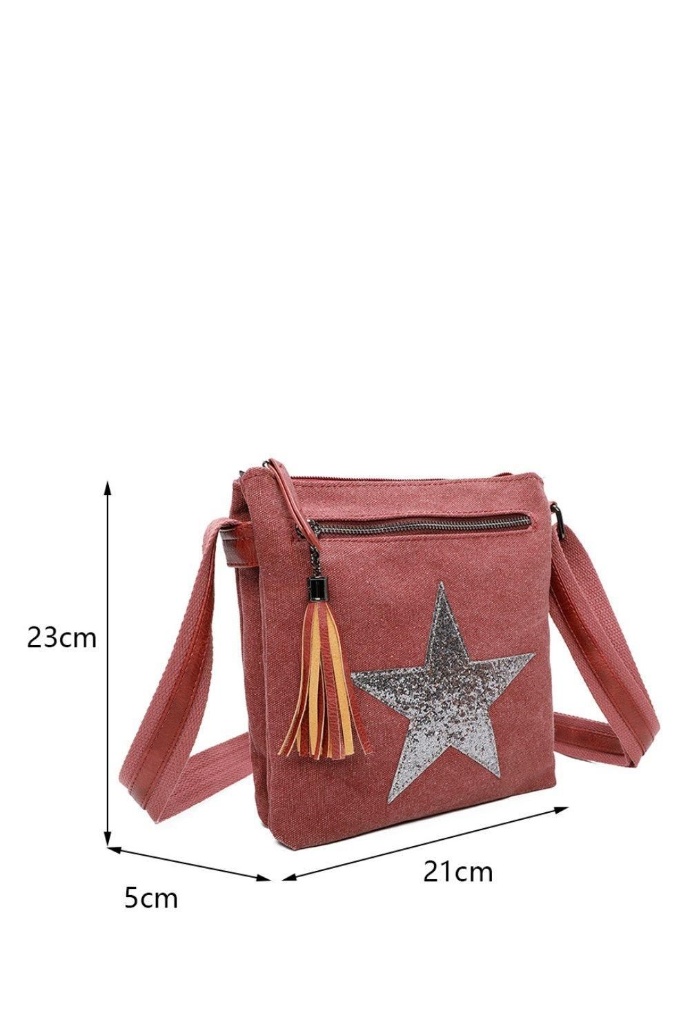 Fontanella Fashion Star Tassel Triple Zip Canvas Crossbody Messenger Bag