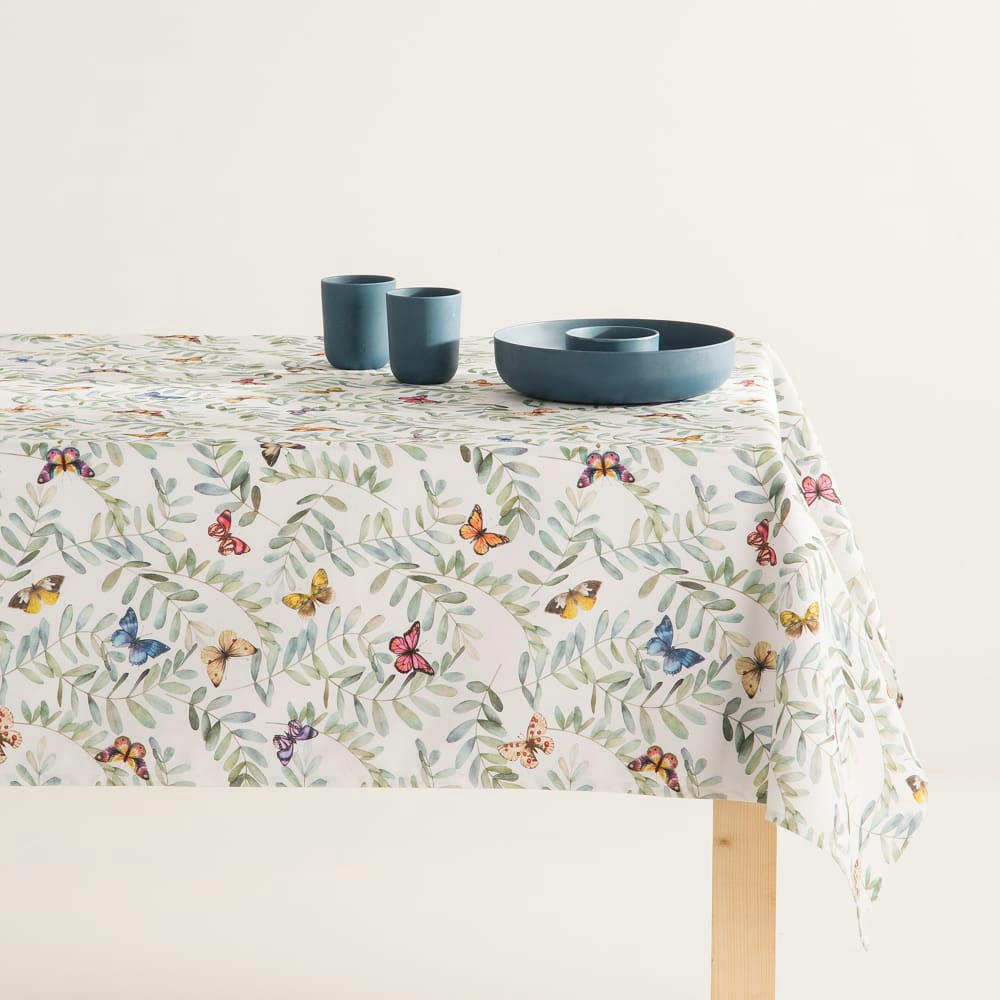 PRIMAVERA - Nappe imprimée blanc avec traitement anti-taches en coton 140x300 cm