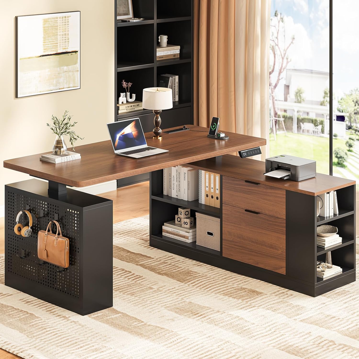 L Shaped Standing Desk Adjustable Height, 53 Electric Office Desk with File Drawers & Storage Shelves, Sit Stand Corner Computer Desk with Power Outlets, Pegboard, 6 Hooks, Black & Walnut
