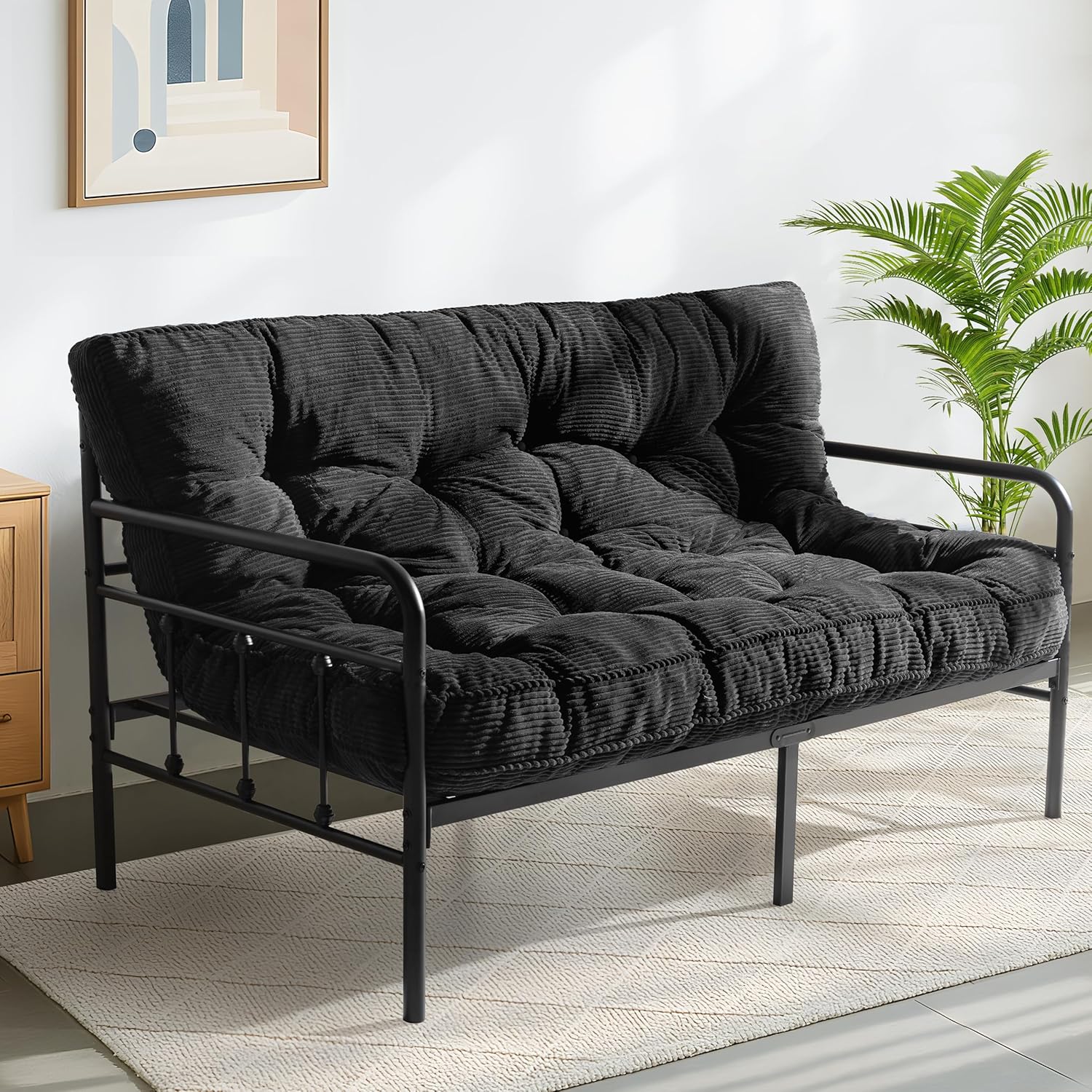 MAXYOYO 6 Futon Mattress Full Size, Tufted Futons Sofa Couch Bed with Twisted Rope Design Edging, Thick Corded Fabric Floor Mattress for Adults, Shredded Foam Filling (Frame Not Included), Black