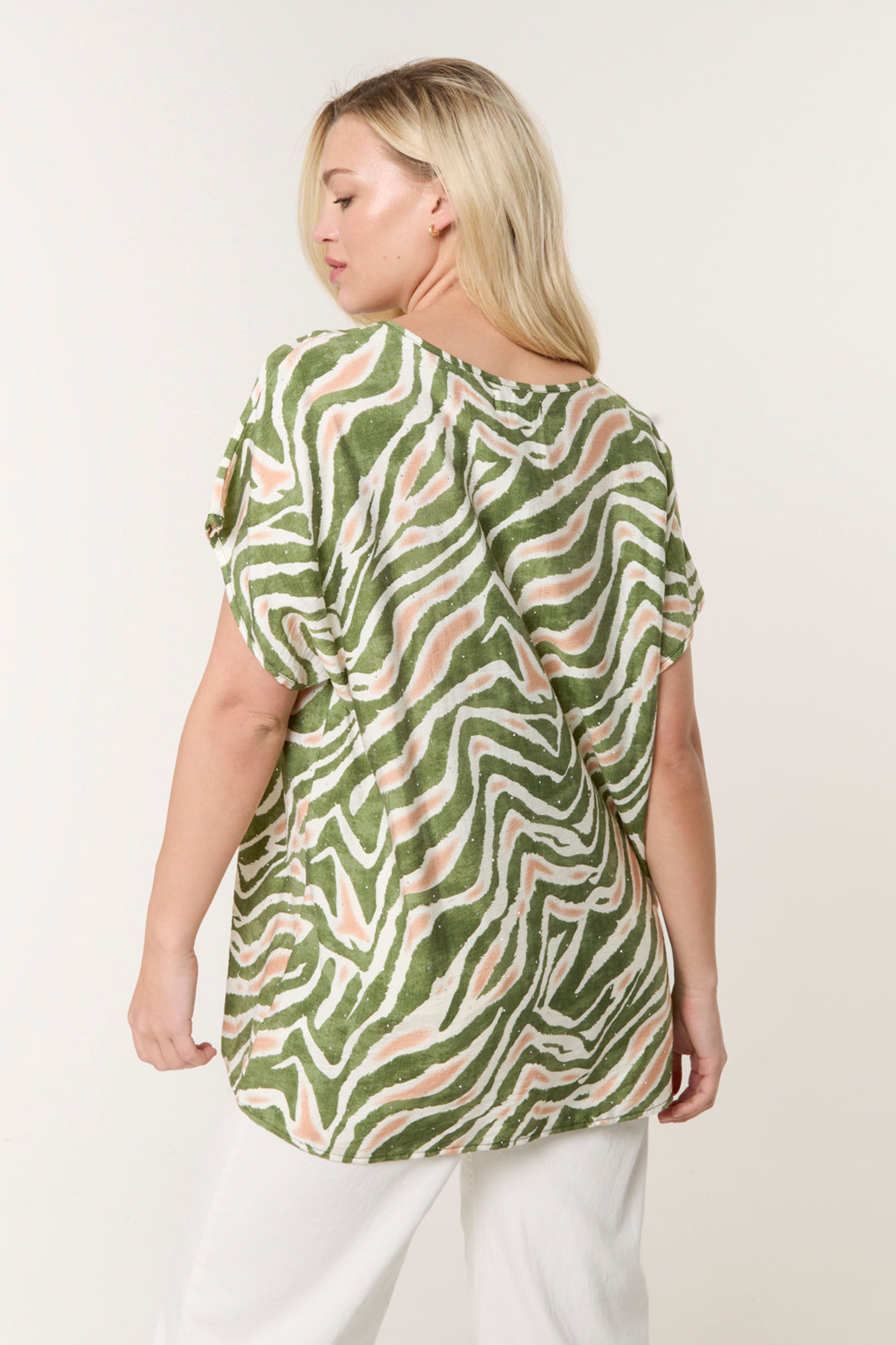 Blue Vanilla Green Animal Printed Diamante Detailed Top
