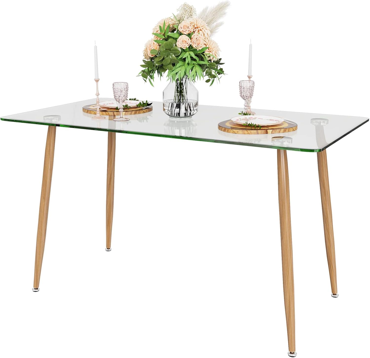Tangkula Glass Dining Table, Modern Rectangular Table with Tempered Glass & Black Steel Legs, Simplistic Kitchen Versatile Table for Home Office
