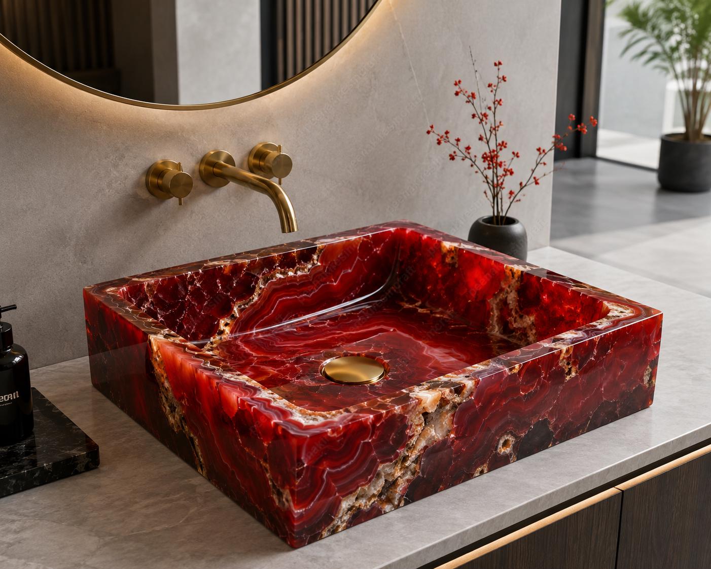 Custom Red Agate Sink | Handmade Square Bathroom Basin | Luxury Natural Stone Washbasin | Modern Vanity Vessel Sink, agate stone basin