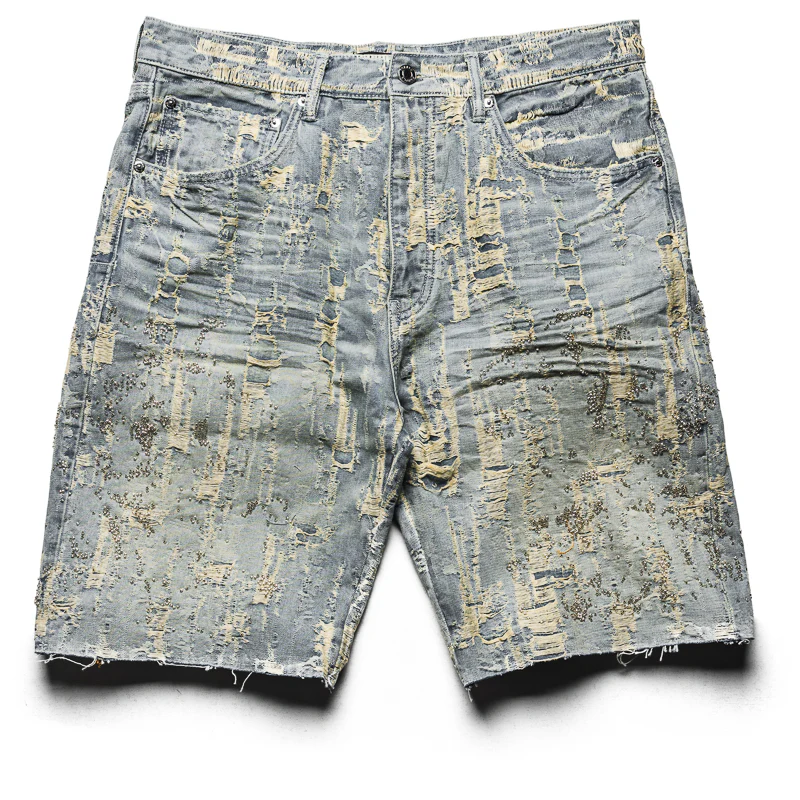 Purple Brand Bead Destroy Denim Shorts - Light Indigo