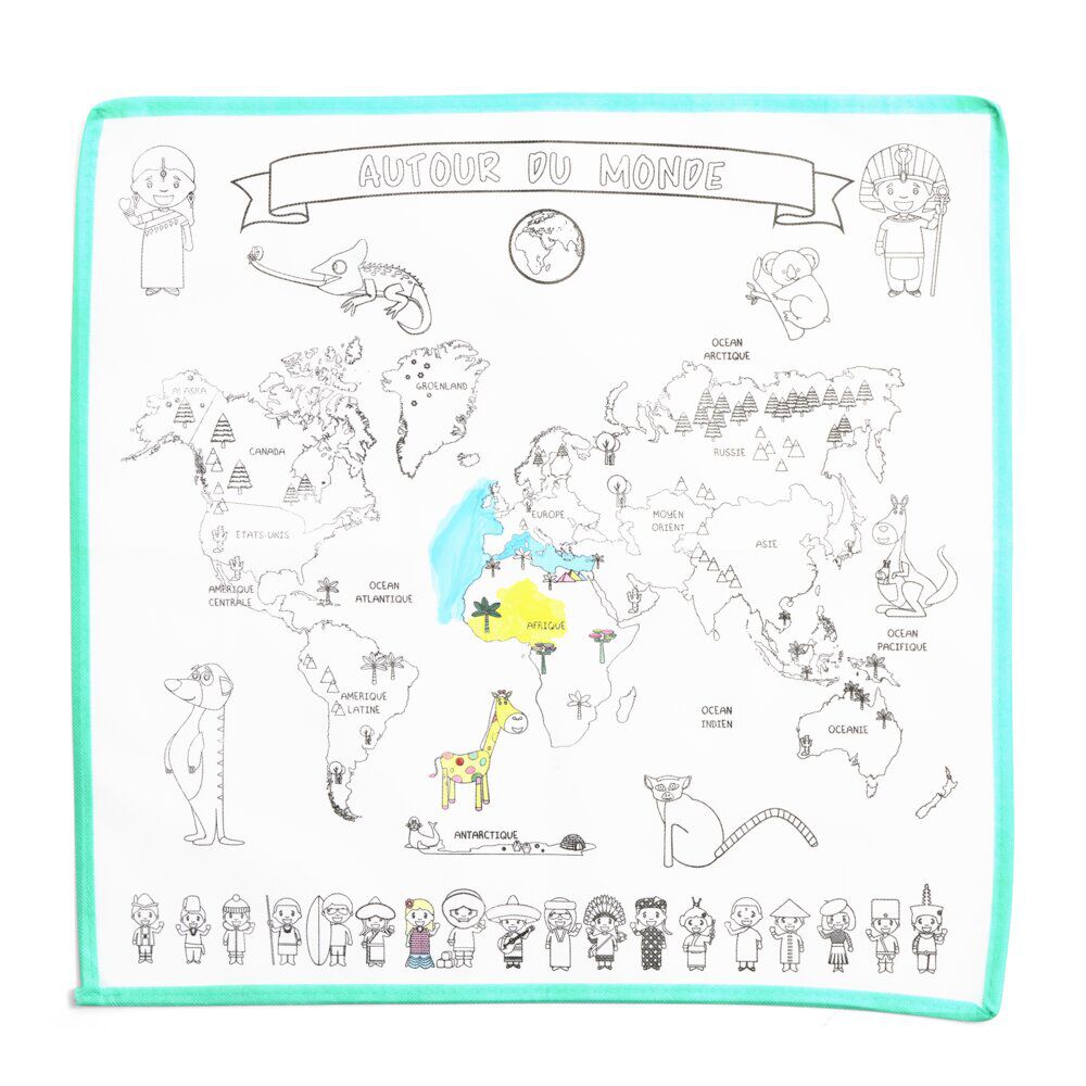 Carte du monde à colorier 50x50cm 5 feutres inclus
