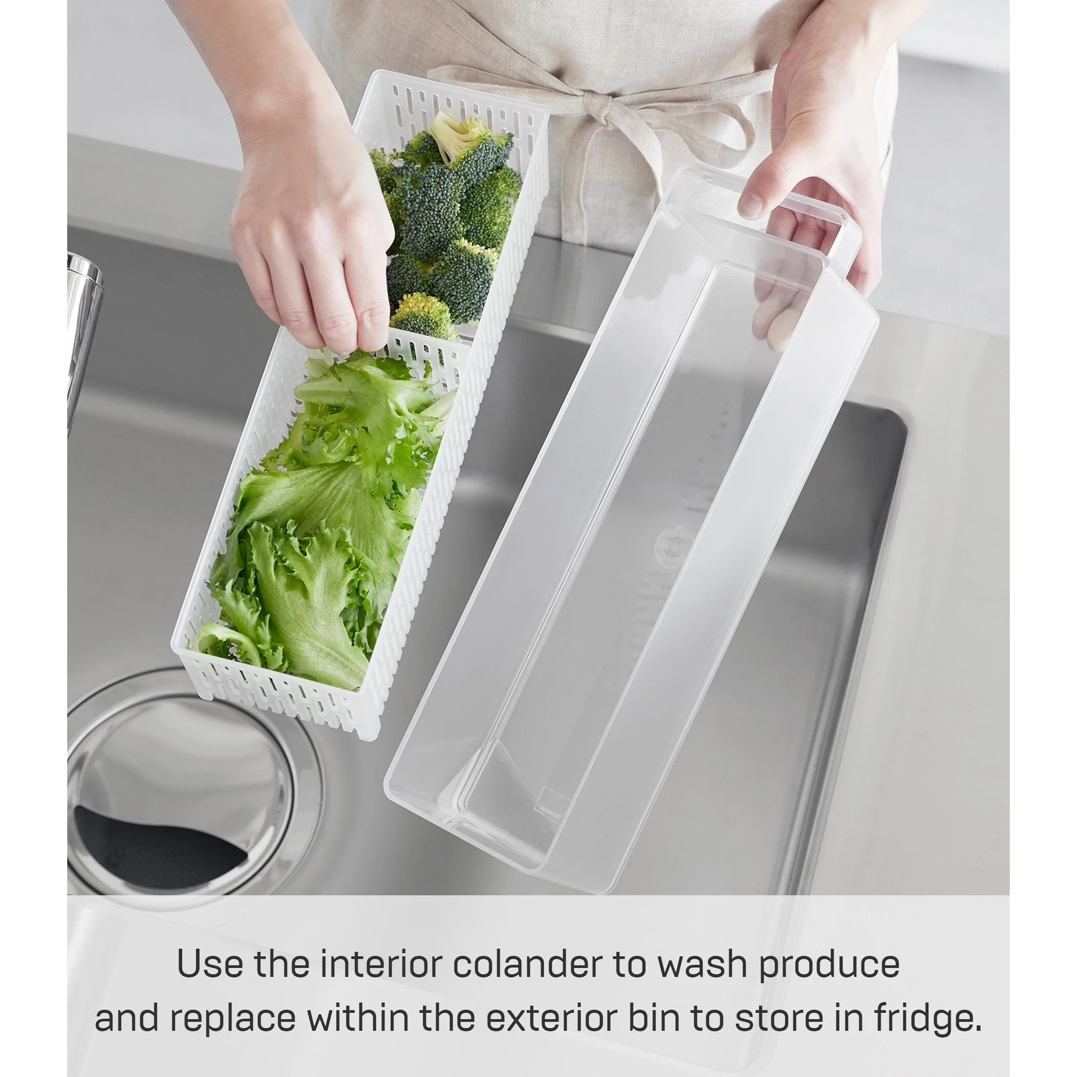 Yamazaki Home Refrigerator Colander with Lid and Divider, Plastic, Lid - L 4.33 x W 14.76 x H 3.35 inches