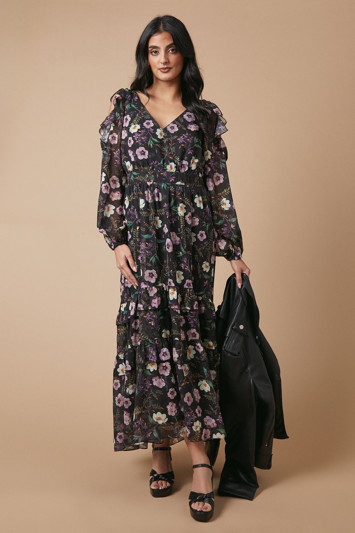 Oasis Occasion Floral Printed Metallic Cold Shoulder Midaxi Dress