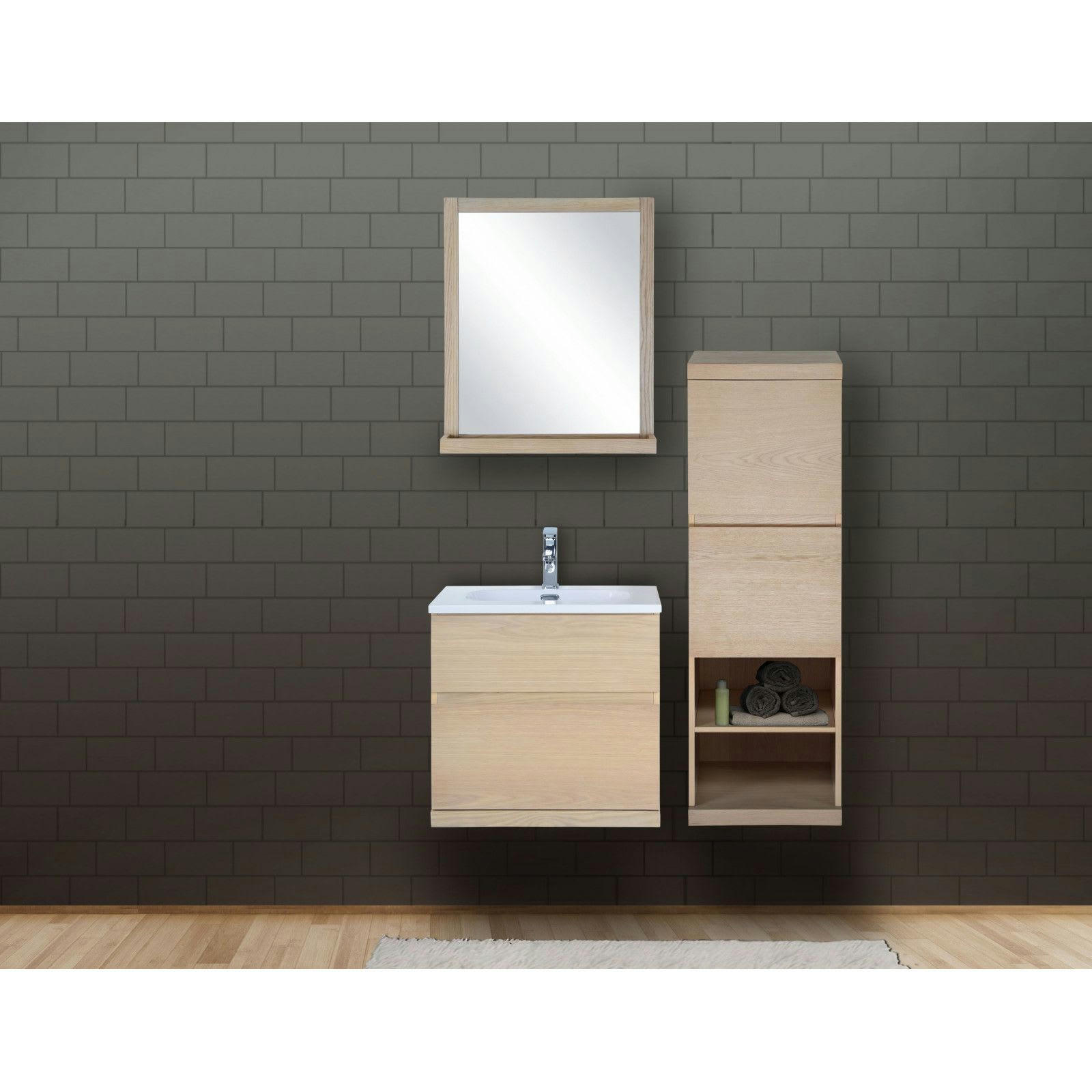 ENIO - Meuble sous vasque chêne avec plan résine  60cm + miroir + colonne