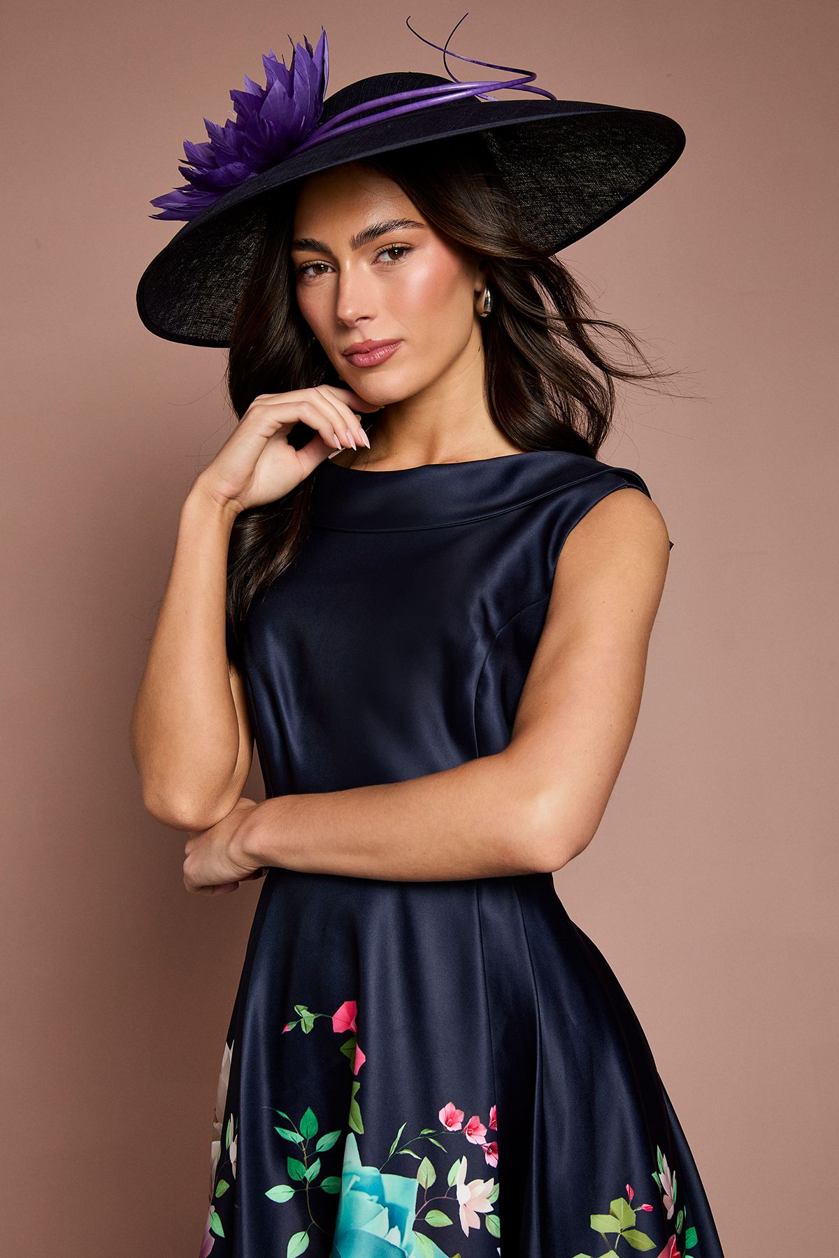 Coast Lisa Tan Cowl Structured Satin Placement Print Midi Dress