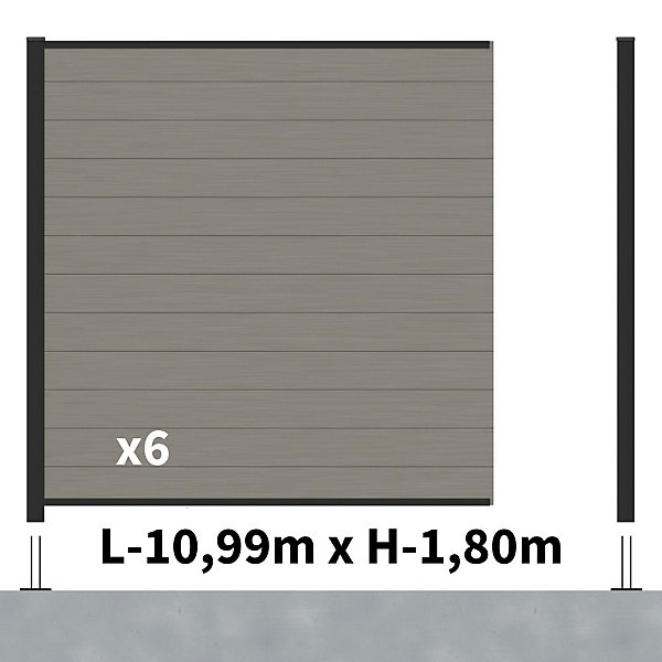 Kit Clôture Composite RIO Platines 11x1,8m - Bois composite &Aluminium - Poteaux Noir sur Platines- Brise vue - Palissade