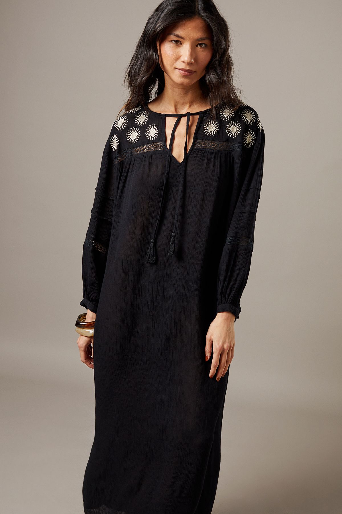 Warehouse Cheesecloth Embroidered Trim Insert Midi Smock Dress