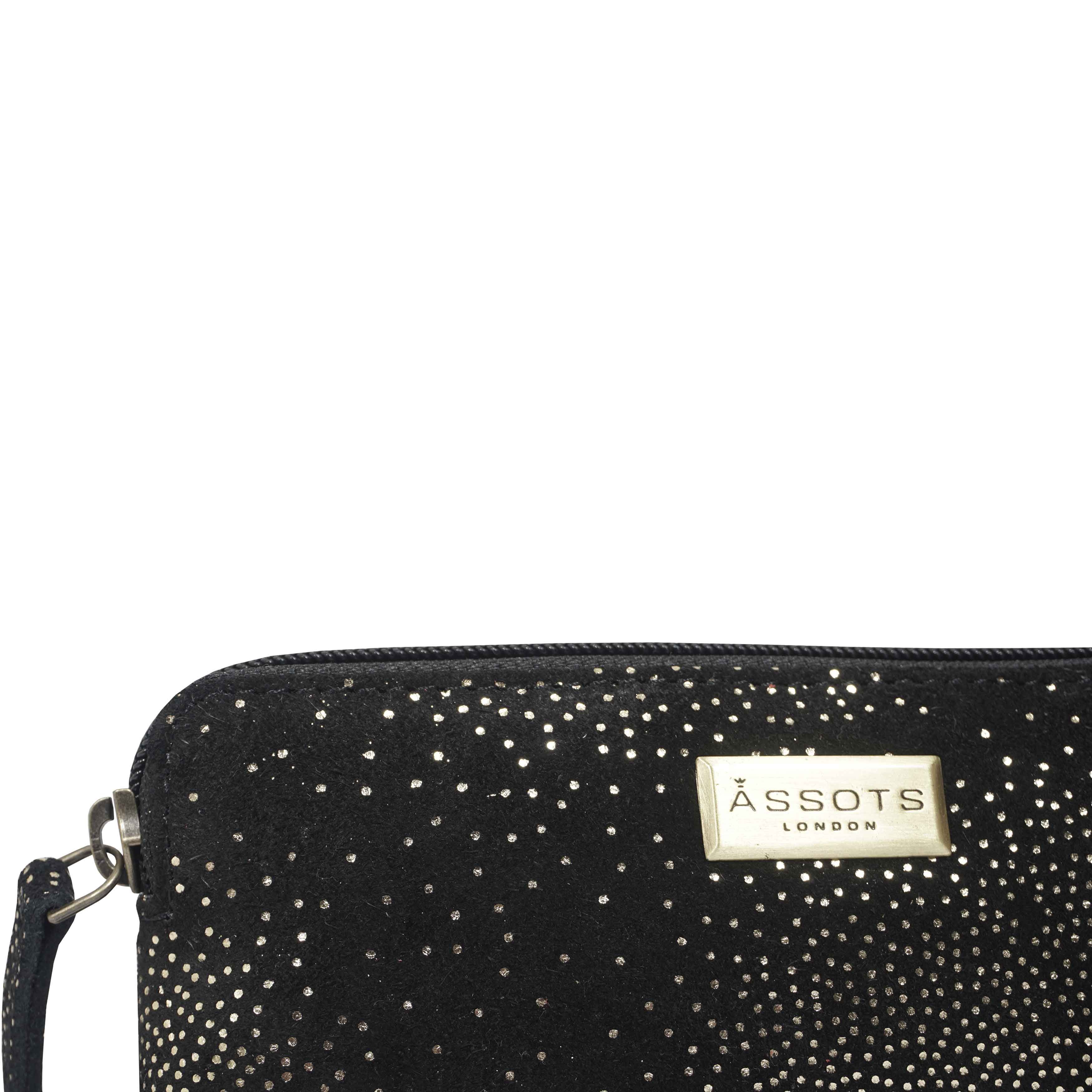 Assots London EMILY' Small Black & Yellow Gold Sparkle Leather MakeUp Bag