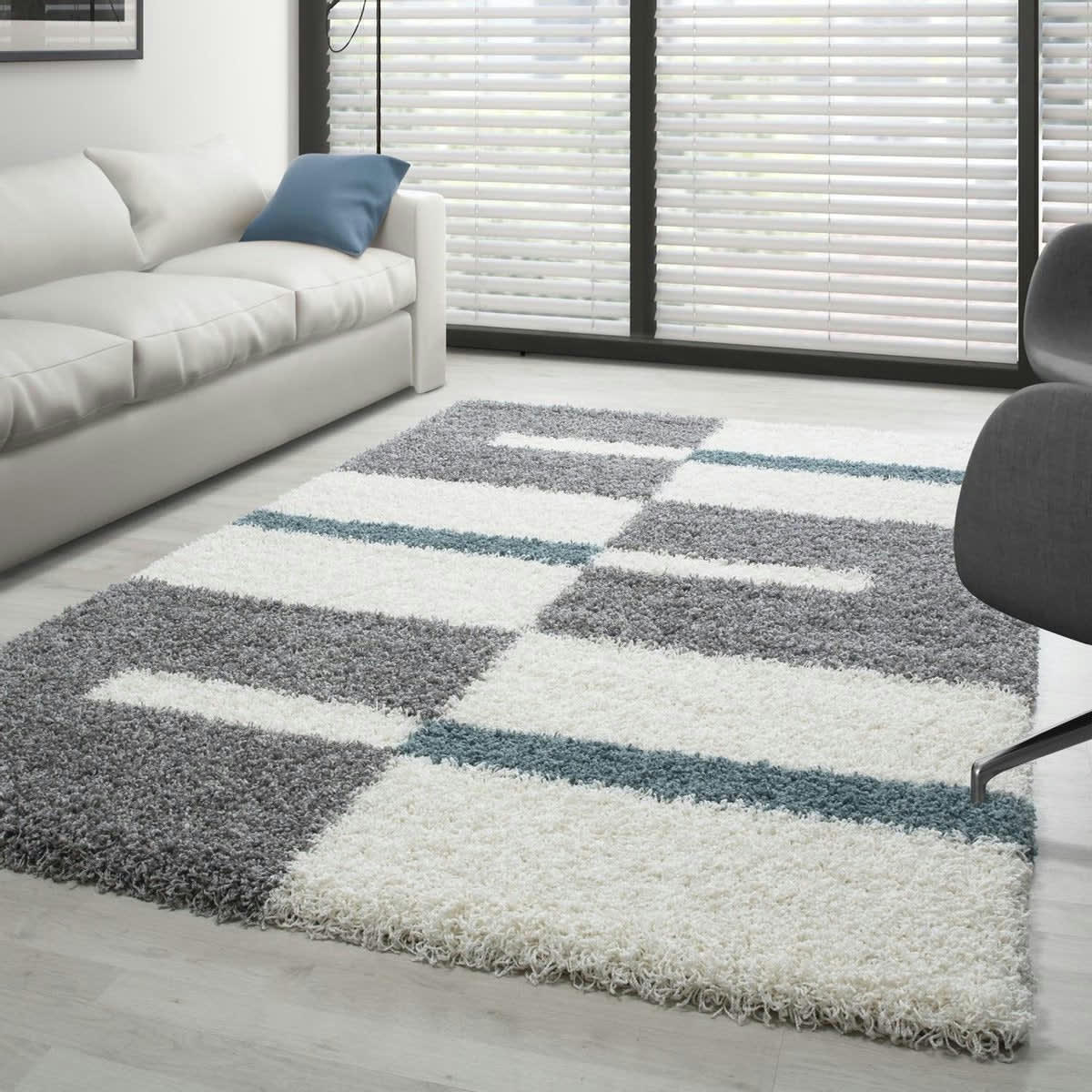 ROMA - Tapis shaggy à motifs traits gris et turquoise 60x110cm