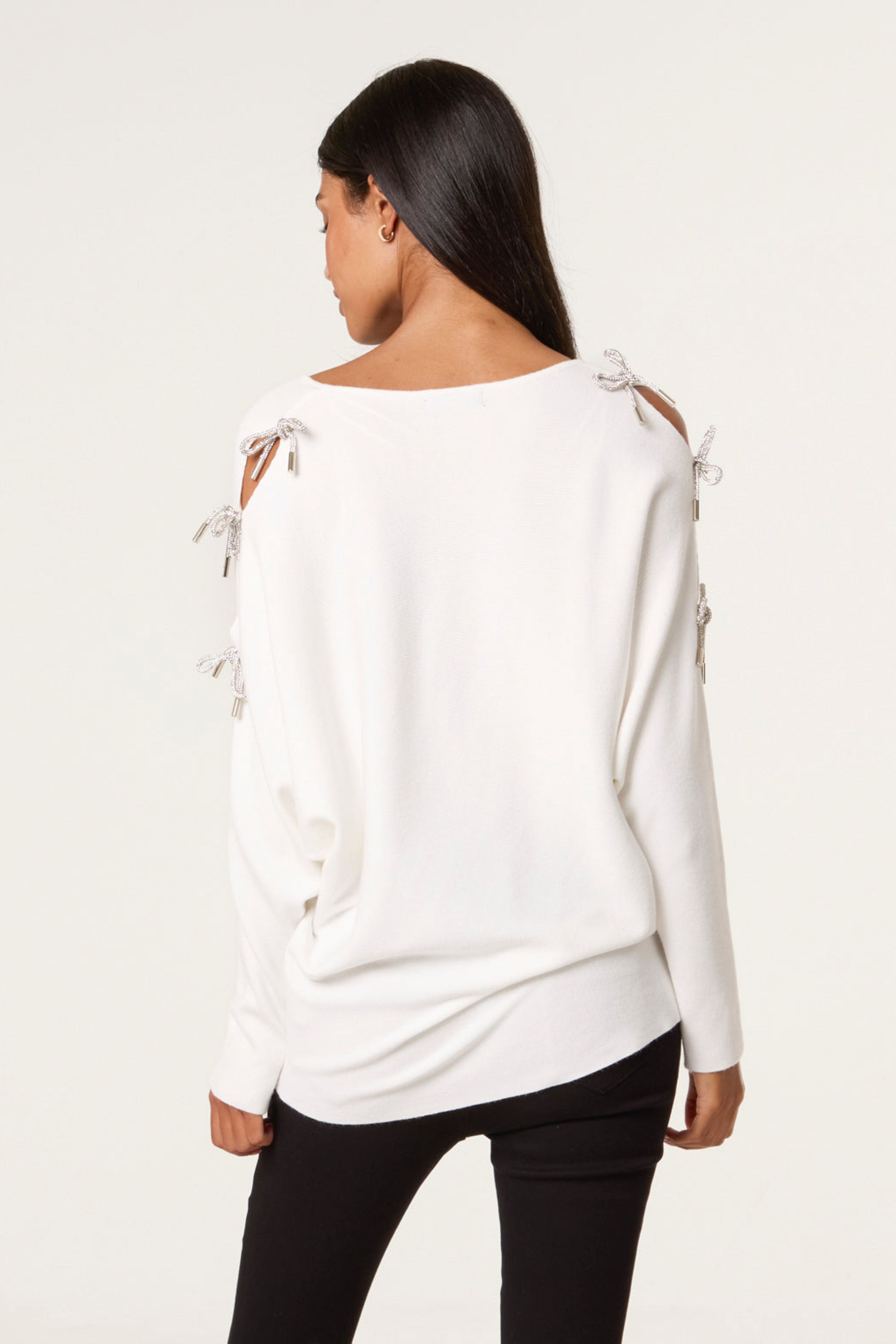 Blue Vanilla Ivory Diamante Bow Cut Out Sleeve Jumper