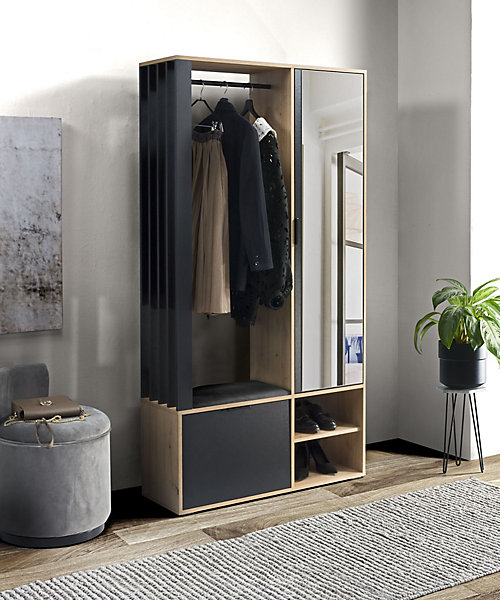 Minio go for it, Ensemble vestiaire MILO 100 cm, avec coussin d'assise at miroir, Chêne Artisan / Noir