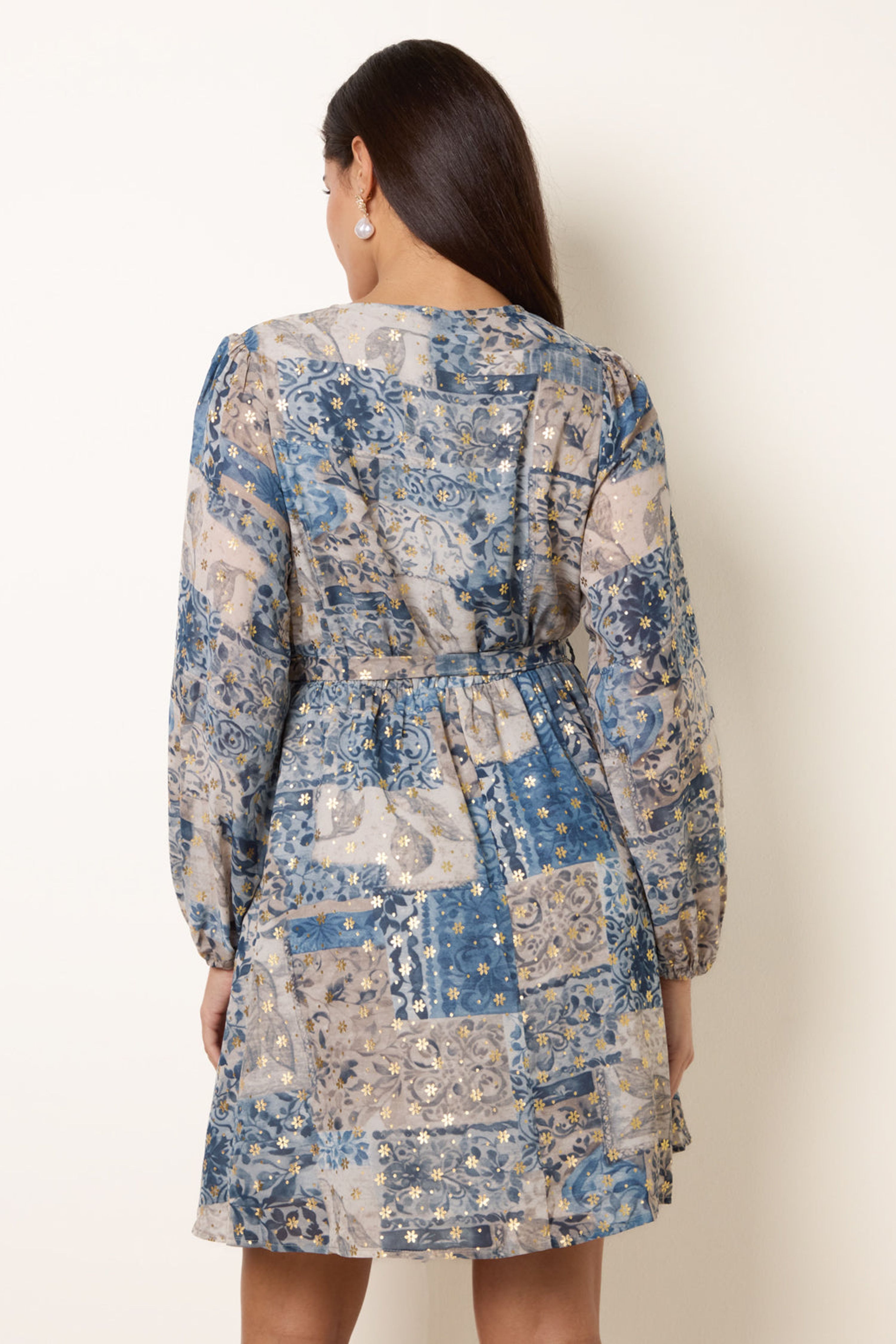 Blue Vanilla Blue Foil Patchwork Mini Dress