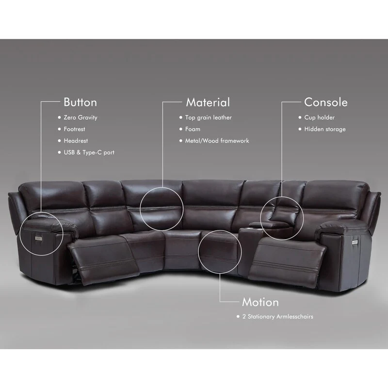 108” W Premium Genuine Leather Dual-Power Sectional Sofa with Console, Zero Gravity, Adjustable Headrest