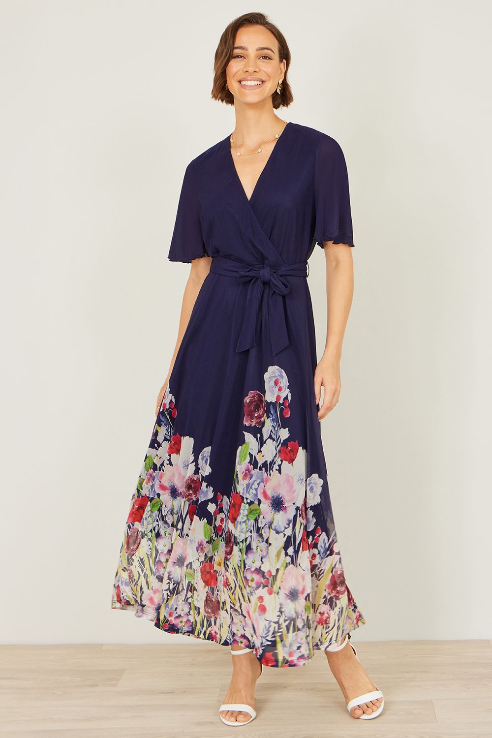 Yumi Navy Mesh Wrap Midi Dress With Floral Hem Border