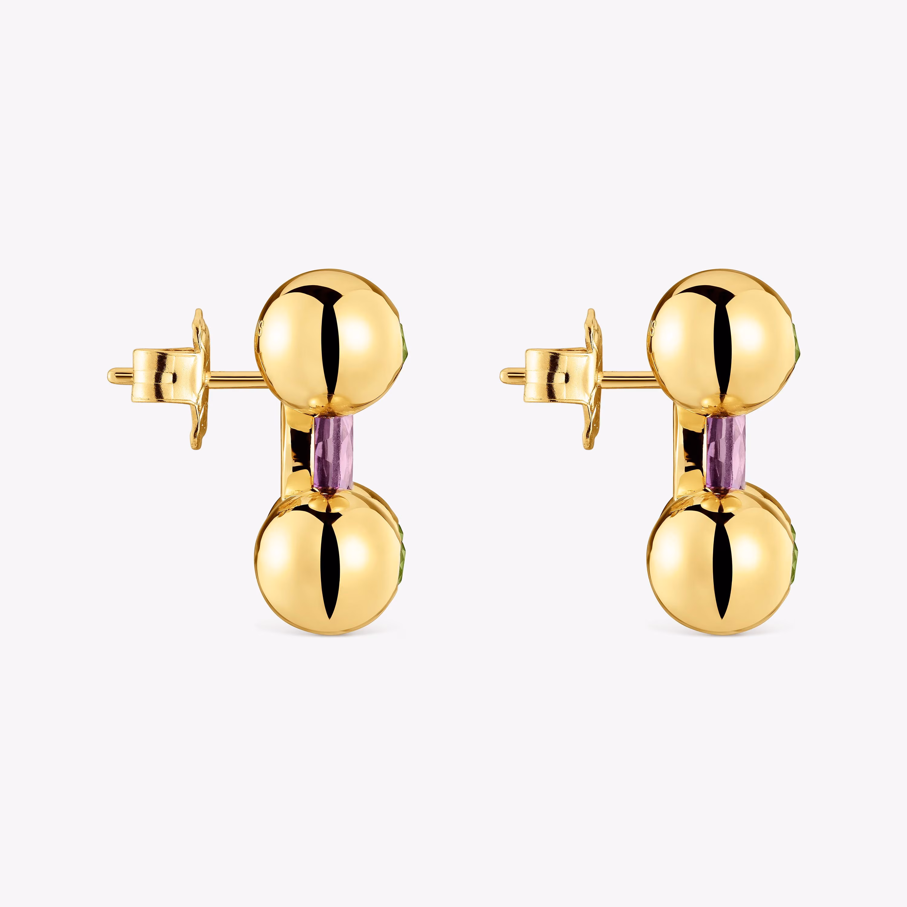 Pendientes cortos con baño de oro 18 kt sobre plata, amatista y peridoto Sugar Party