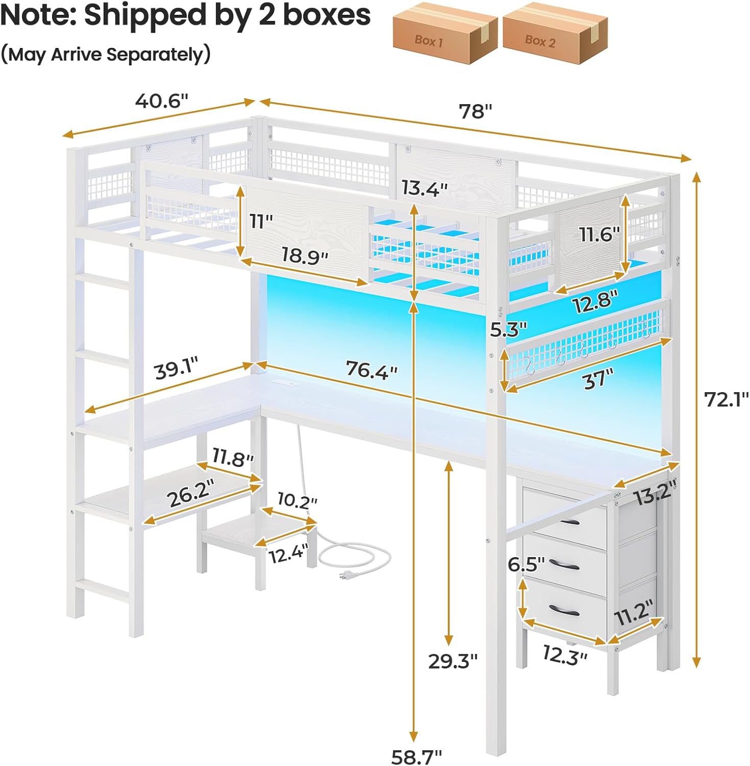 ADORNEVE Loft Bed Twin Size with L-Shaped Desk, LED Lights,Charging Station, Twin Metal Loft Bed Frame with Fabric Drawers & Shelve, 13.4 H Safety Guardrail, No Box Spring Needed, White