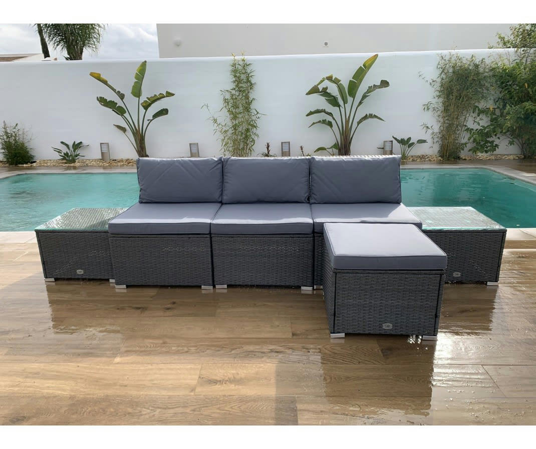 BAHAMAS - Salon de jardin Ensemble double table 4 Places Gris Rotin Synthétique